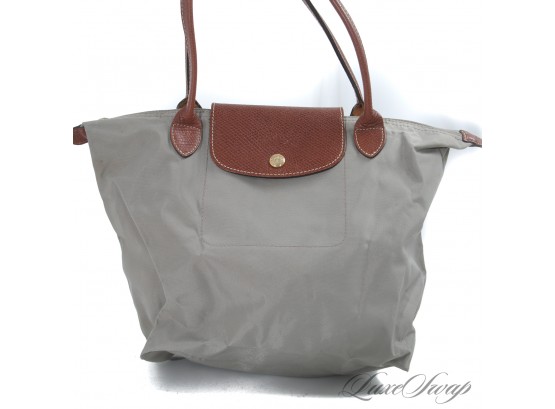 #8 AUTHENTIC LONGCHAMP PARIS MADE IN FRANCE LE PLIAGE 'TYPE SHOPPING' COLLAPSIBLE MICROFIBER BAG - TAUPE GREY