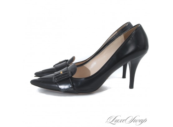 ICONIC PRADA MADE IN ITALY BLACK BOX CALF LEATHER BIG BUCKLE FRONT PUMPS SHOES 39.5