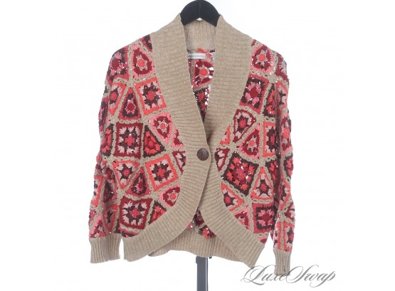 BRAND NEW WITH TAGS MARIA CHRISTINA NEEDLEPOINT CROCHET PINK AND SPARKLE CAMEL BOHO CARDIGAN SWEATER L