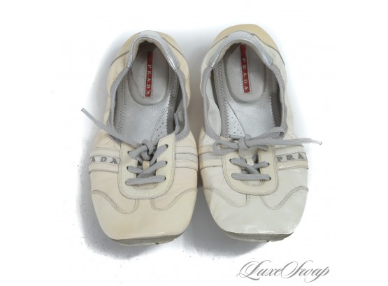 #30 Y2K DREAMS ARE MADE OF THESE : 00S PRADA LINEA ROSSA IVORY PATENT LEATHER LOW VAMP FLAT SNEAKERS 39.5