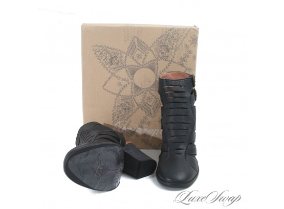 BRAND NEW IN BOX $178 FREE PEOPLE 'HAYES' BLACK LEATHER CHUNKY HEEL STRAPPY BOOT SHOES 38