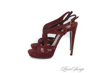 THESE ARE ABSOLUTELY OUTSTANDING : PRADA MADE IN ITALY BURGUNDY SUEDE SERPENTINE STRAPPY SANDALS 36
