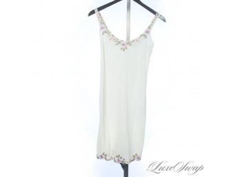 VALENTINO LES TRICOTS MADE IN ITALY SEMI-SHEER MILK WHITE SLIP DRESS WITH FLORAL TRIM