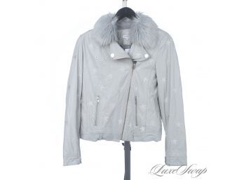 TOTALLY KOP THIS : SAMANTHA SIFOS PEARL GREY LEATHER STAR EMBROIDERED MOTORCYCLE JACKET W/FAUX FUR COLLAR S