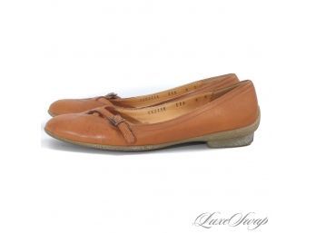 THESE SOLES ARE SO COMFY! SALVATORE FERRAGAMO MADE IN ITALY ACORN BROWN LEATHER BUCKLE FRONT FLAT SHOES 6