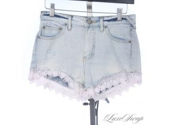 LOT OF 2 FREE PEOPLE AND PAIGE DENIM SHREDDED / LACE EDGE DENIM SHORT SHORTS