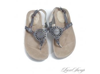 SO CUTE! LIKE NEW UGG AUSTRALIA ANTHRACITE LEATHER SUNBURST COIN THONG SANDALS WITH SHEARLING PAD 6