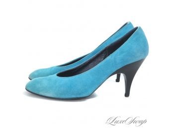 WHAT A COLOR! CHARLES JOURDAN MADE IN FRANCE TURQUOISE PEACOCK BLUE SUEDE PUMPS SHOES