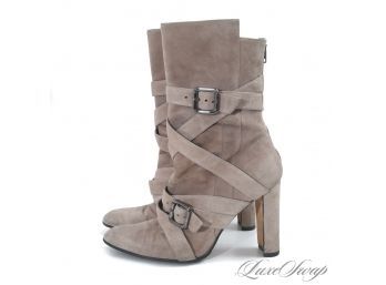 THE STARS OF THE SHOW! MANOLO BLAHNIK MADE IN ITALY TAUPE SUEDE CROSSOVER STRAPPY TALL BOOTS 38.5