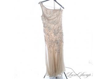 WHOAAAAAA WOW : SUE WONG CHAMPAGNE CHIFFON METALLIC EMBRODIERED ONE SHOULDER EVENING GOWN NOCTURNE 12