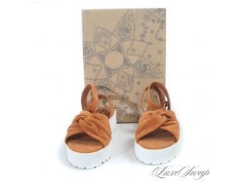 BRAND NEW IN BOX $128 FREE PEOPLE 'ESSEX' BURNT TAN SUEDE WHITE SOLE STRAPPY KNOT SANDALS 37