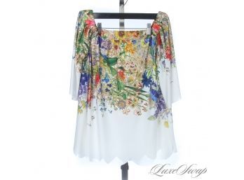 STUNNING : ISLE WHITE STRETCH JERSEY TROPICAL RAINBOW FLORAL PRINT ELASTIC WAIST SHIRT S (LOOKS BIGGER THOUGH)