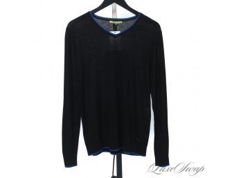 ITS FALL YALL! AUTHENTIC VERSACE JEANS MENS BLACK CASHMERE BLEND BLUE PIPED SWEATER S