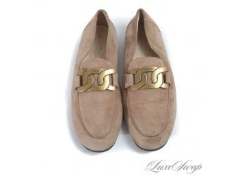 PERFECT FALL HUSH PUPPIES! TODS MADE IN ITALY MOCHA SUEDE BRASS LARGE CHAIN LOAFERS 36