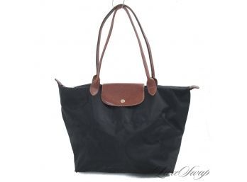#6 AUTHENTIC LONGCHAMP PARIS MADE IN FRANCE LE PLIAGE 'TYPE SHOPPING' COLLAPSIBLE MICROFIBER BAG - BLACK/TAN