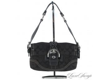THE ONE EVERYONE WANTS! AUTHENTIC COACH BLACK AND BROWN MONOGRAM CANVAS BLACK LEATHER TRIM MINI FLAP BAG