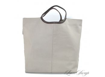 ON THE GO? GO! BRONTIBAY PARIS MADE IN FRANCE KHAKI CANVAS BROWN LEATHER TRIM LARGE DAY TOTE BAG
