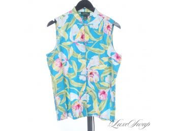 VACATION READY? OR STAYCATION READY? RALPH LAUREN RICH TURQUOISE TROPICAL FLORAL CHINOSERIE SLEEVELESS TOP L