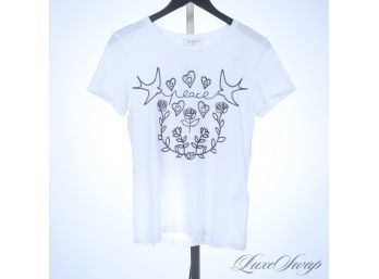 BRAND NEW WITH TAGS $110 SANDRO PARIS WHITE EMBROIDERED 'PEACE' FLORAL LIGHTWEIGHT TEE SHIRT 1