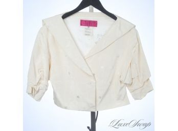 TOTALLY COUTURE : CHRISTIAN LACROIX MADE IN FRANCE IVORY JACQUARD NAPOLEONIC RUCHED SLEEVE JACKET 40