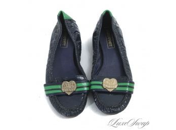 YOU HAVENT SEEN THESE BEFORE COACH / POPPY BLACK PATENT LEATHER GREEN STRIPE HEART COIN LOAFERS 6.5