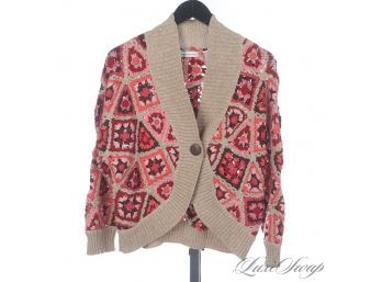 BRAND NEW WITH TAGS MARIA CHRISTINA NEEDLEPOINT CROCHET PINK AND SPARKLE CAMEL BOHO CARDIGAN SWEATER L