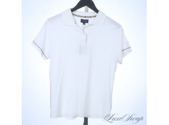 BRAND NEW WITH TAGS AUTHENTIC WOMENS BURBERRY WHITE PIQUE POLO SHIRT WITH TARTAN TRIM S