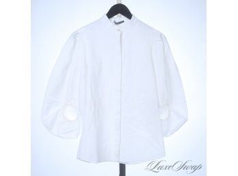 THIS IS OUTSTANDING : ALEXANDER MCQUEEN MADE IN ITALY WHITE PIQUE PUFFED SLEEVE FITTED BLOUSE 38
