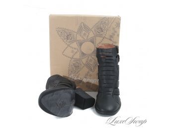 BRAND NEW IN BOX $178 FREE PEOPLE 'HAYES' BLACK LEATHER CHUNKY HEEL STRAPPY BOOT SHOES 38