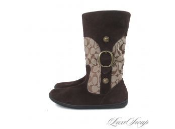 FALL MONOGRAMS : COACH 'MEYER' BROWN JACQUARD MONOGRAM CANVAS AND SUEDE FAUX SHEARLING LINED BOOTS 7