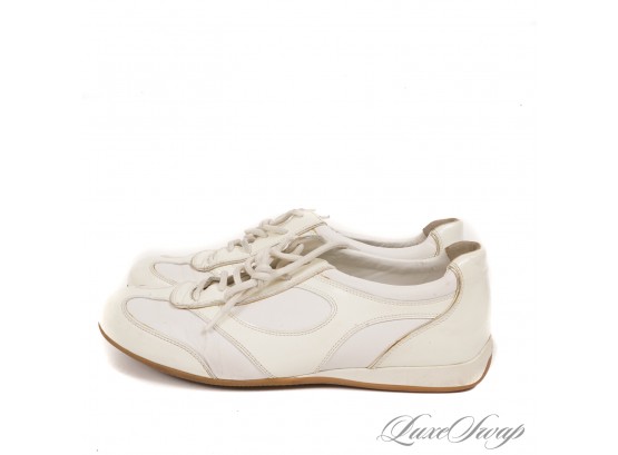 MODERN AND EXPENSIVE BALLY WOMENS 'ALCEDA' WHITE AND IVORY NAPPA LEATHER AND PATENT SNEAKERS 9.5
