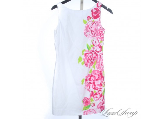 ICONICS : LILLY PULITZER WHITE STRETCH COTTON SUMMER DRESS WITH MAXI PINK FLORAL SIDE PRINT 4