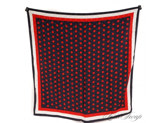 ST. JOHN 100 PERCENT SILK NAVY JACQUARD SCARF WITH RED AND WHITE POLKA DOTS AND STRIPES