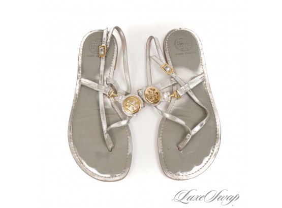 VACATION READY! TORY BURCH SILVER METALLIC LEATHER MONOGRAM COIN SANDALS 9