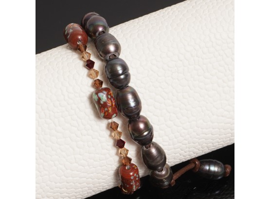 #6 LOT OF TWO HEMATITE COLOR AND MICROMOSAIC EFFECT AND FACETED CRYSTAL MODERN BEAD BRACELETS