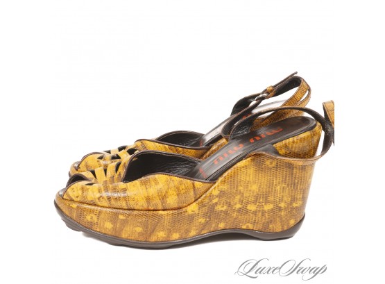 GORGEOUS! AUTHENTIC MIU MIU MADE IN ITALY OCHRE RING LIZARD PRINT WEDGE SANDALS WITH RUBBER SOLES!
