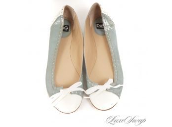 D&G DOLCE & GABBANA BABY BLUE AND WHITE PATENT LEATHER LACED FRONT BALLET FLAT SHOES 39