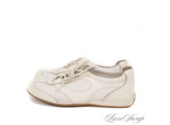 MODERN AND EXPENSIVE BALLY WOMENS 'ALCEDA' WHITE AND IVORY NAPPA LEATHER AND PATENT SNEAKERS 9.5