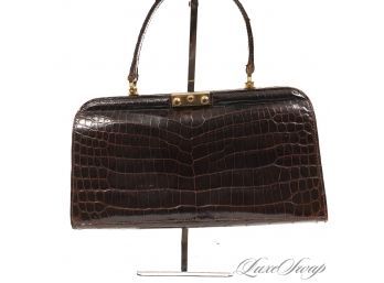 THIS IS SO RARE. MINT 10/10 CONDITION MADE IN FRANCE STERLING LARGE BROWN POROSUS ALLIGATOR EAST WEST BAG