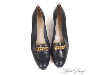 BRAND NEW WITHOUT BOX $400 SALVATORE FERRAGAMO NAVY BLUE WOMENS SHOES WITH GOLD CHAIN DETAIL 11