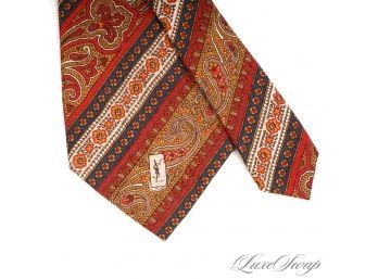 RARE VINTAGE YSL YVES SAINT LAURENT MADE IN ITALY MENS SILK TIE IN PAISLEY STRIPE WITH MONOGRAM BOX LOGO