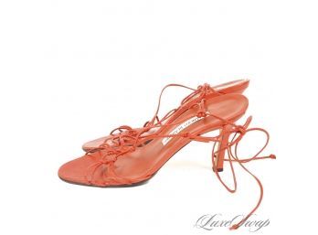 WHAT A COLOR! MANOLO BLAHNIK MADE IN ITALY TOMATO RED NAPPA LEATHER SPAGHETTI STRING STILETTO SANDALS 36.5