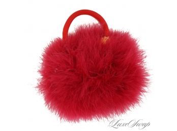 A GORGEOUS 31 FERVIER PARIS MADE IN FRANCE HOT PINK MARIBOU FEATHER SMALL EVENING BAG WITH RED FAILLE STRAP