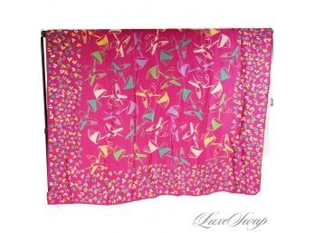 TREMENDOUS 54' CHARLES JOURDAN MADE IN ITALY HOT PINK HAND ROLLED SILK SATIN DOODLE PRINT SCARF