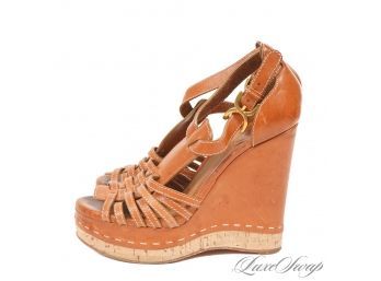 EARLY FALL COLOR PERFECT : CHLOE MADE IN ITALY LUGGAGE BROWN TOPSTITCHED STRAPPY CORK SOLE PLATFOMR SHOES 39