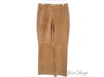 LEATHER BABY! MARGARET GODFREY CARAMEL BROWN SUEDE DEBOSSED ALLOVER PAISLEY BOOT CUT PANTS 10