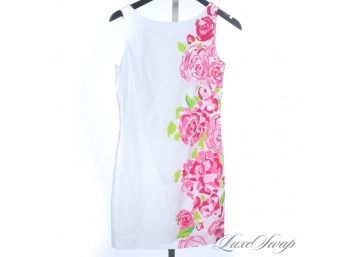 ICONICS : LILLY PULITZER WHITE STRETCH COTTON SUMMER DRESS WITH MAXI PINK FLORAL SIDE PRINT 4