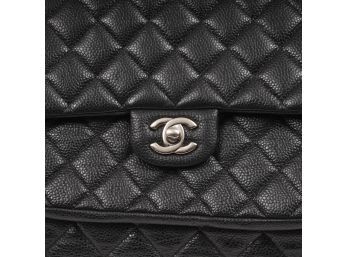 VERIFIED AUTHENTIC $7000 CHANEL BLACK CAVIAR LEATHER CLASSIC FLAP BAG MOUNTED ON LARGE TOTE - VERY RARE