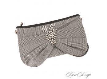 LIKE NEW WITHOUT TAGS CACHAREL GLEN PLAID FLANNEL ZIP CLUTCH BAG WITH CRYSTAL LEAF BROOCH DETAIL