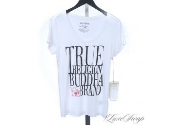 BRAND NEW WITH TAGS TRUE RELIGION WHITE SLINKY DRAPED TEE SHIRT WITH BIG FONT LOGO AND RED BUDDHA M